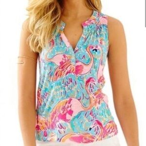 Lilly Pulitzer Blue Pink Flamingo Essie Tank Top Size Small Preppy Vacation